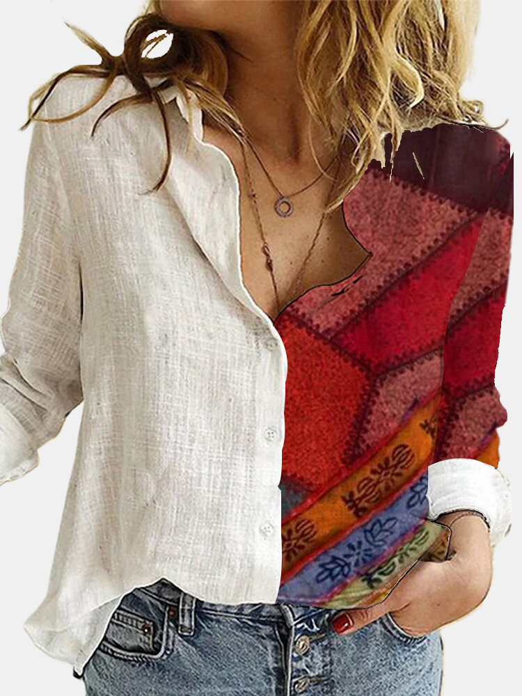 Ethnic Printed Long Sleeve Lapel Collar Patchwork Blouse For Women