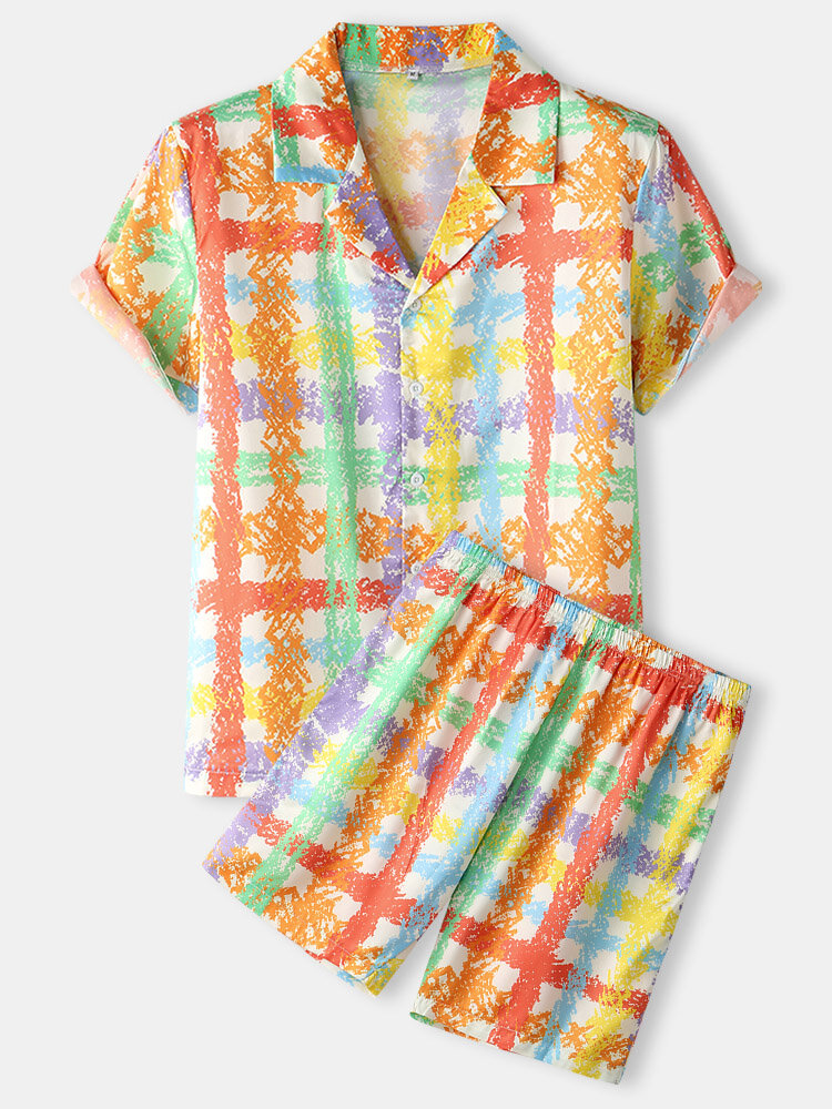 Mens Satin Sleepwear Revere Collar Colorful Pattern Shirt & Elastic Waist Shorts Pajamas Loungewear Sets