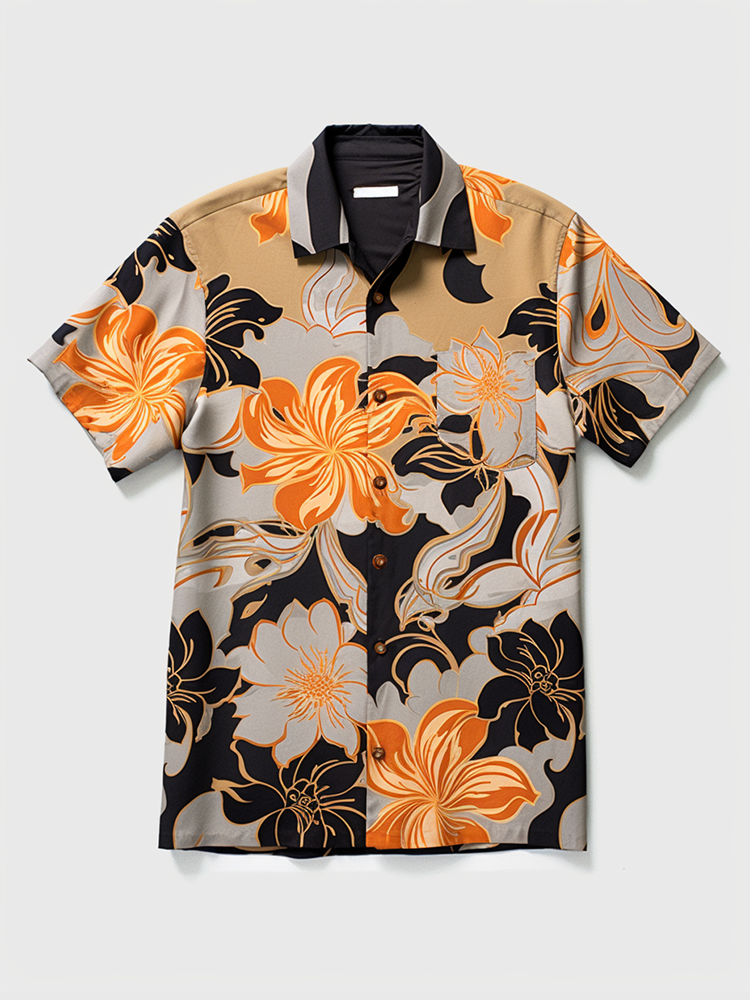 Mens Allover Floral Print Hawaiian Vacation Short Sleeve Shirts