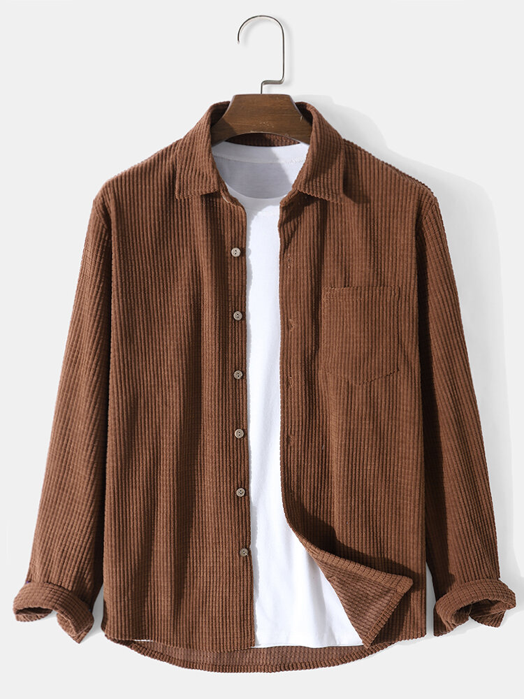 Mens Corduroy Solid Color Button Casual Long Sleeve Shirts With Pocket