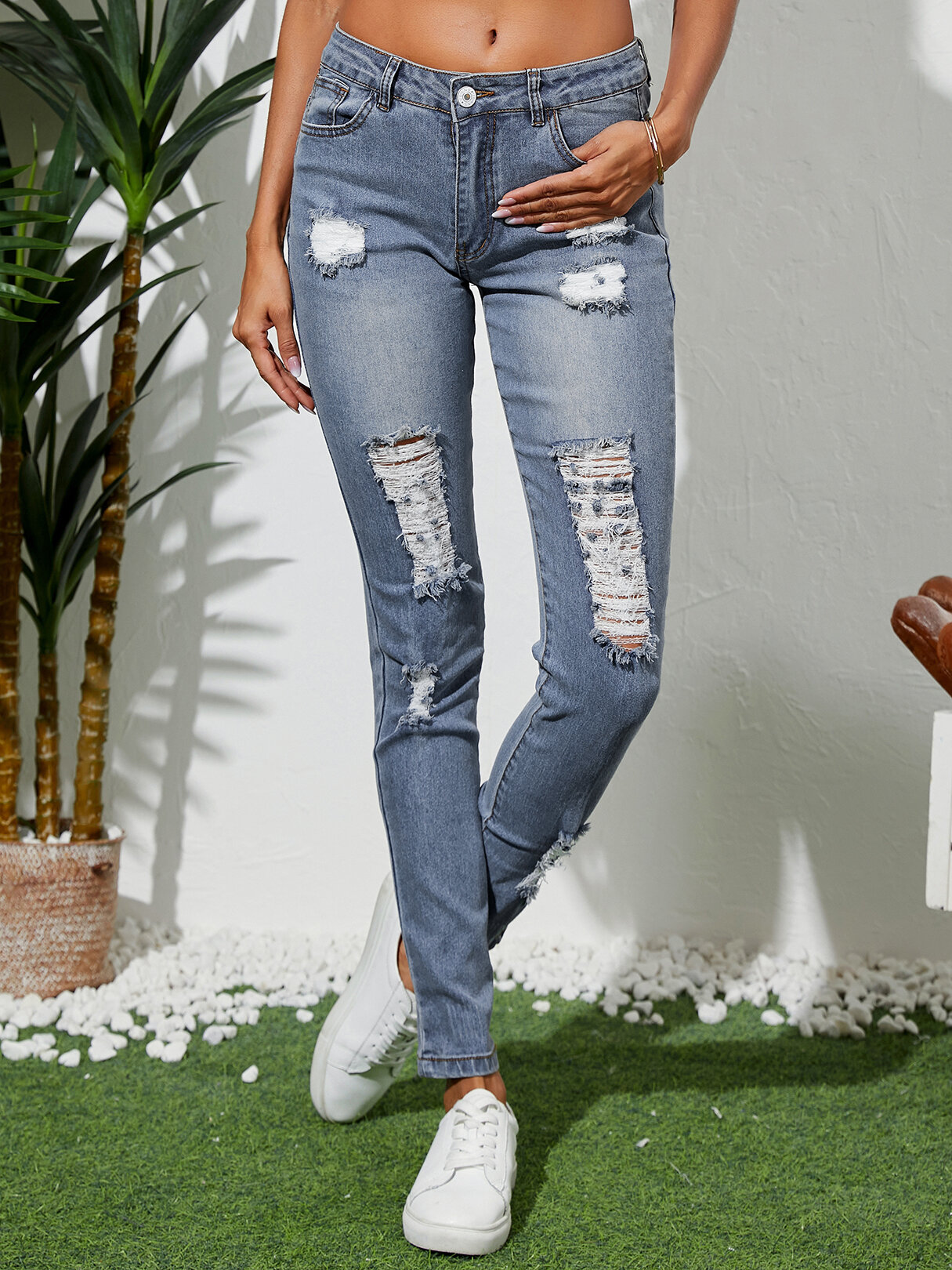 Mezclilla causal rasgada aleatoria azul Jeans para Mujer