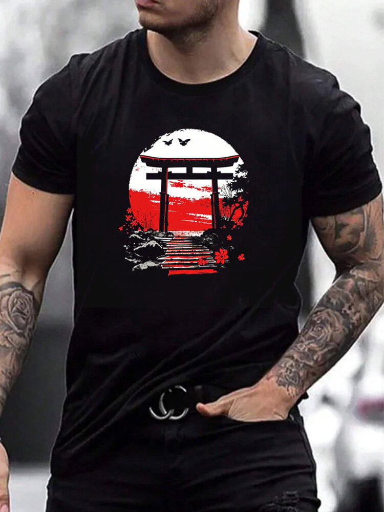 Мужские зимние футболки с коротким рукавом с японским пейзажным принтом Crew Шея