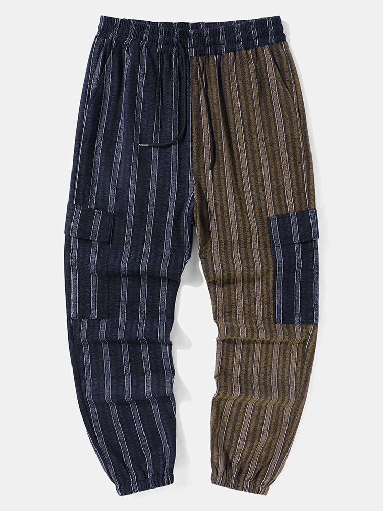 

Mens Two Tone Striped Patchwork Flap Pocket Cotton Pants, Navy