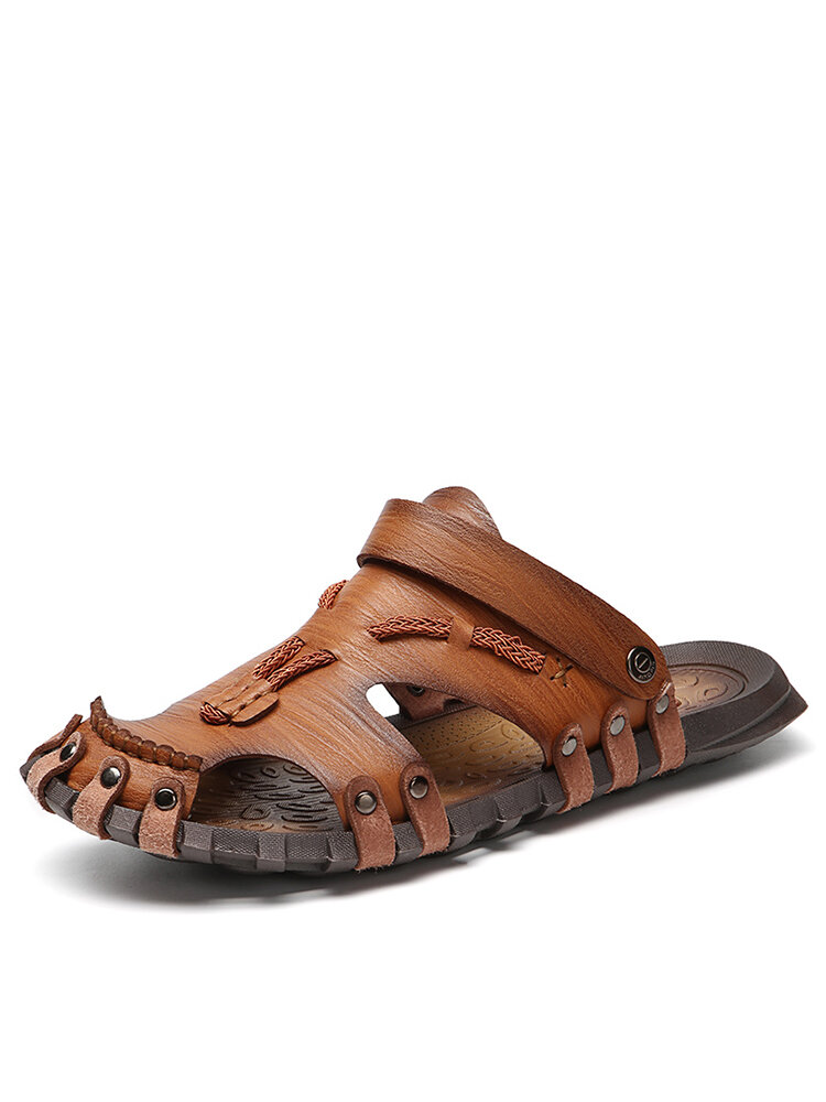 Men No-glue Non Slip Soft Water Beach Leather Gladiator Sandals