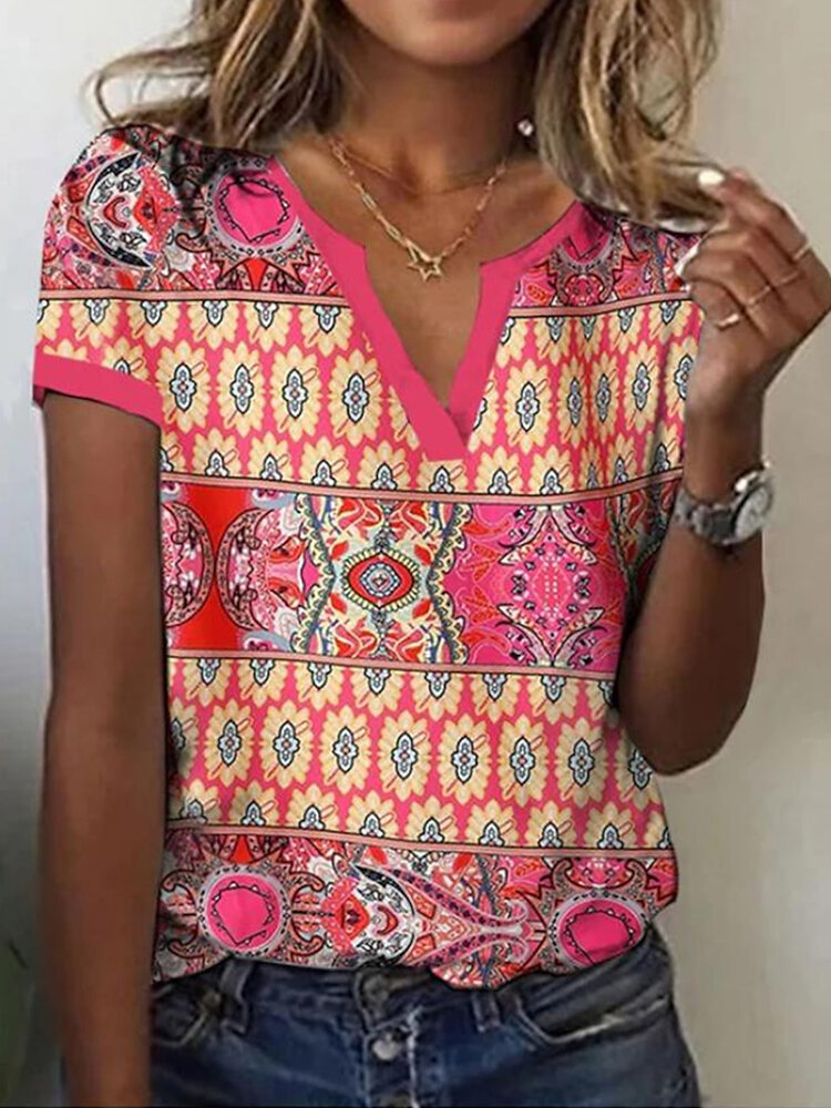 ZANZEA Women Ethnic Print Notched Neck Short Sleeve T-Shirt
