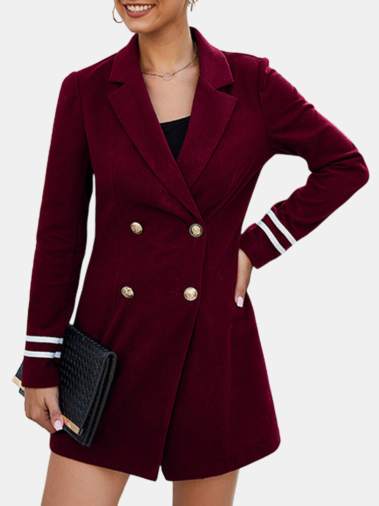 Chic Double-breasted Turn-down Collar Long Sleeve Woolen Coat
