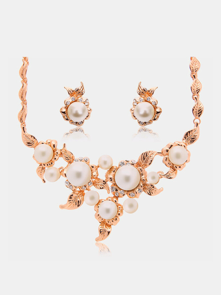 Alloy Jewelry Set Pearl Leave Rhinestone Earrings Necklace Set