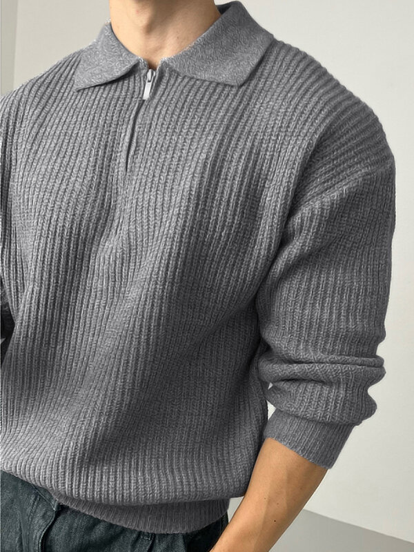 Chemise de golf à manches longues en tricot uni pour hommes