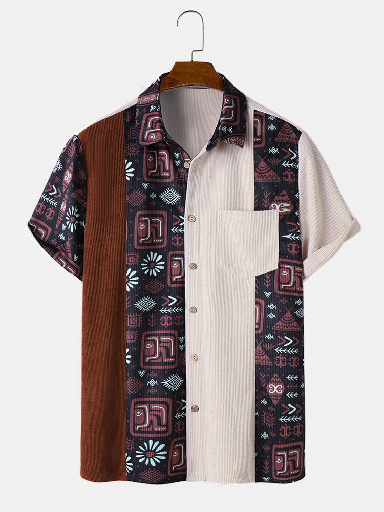 

Mens Ethnic Tribal Pattern Patchwork Corduroy Short Sleeve Shirts, Khaki