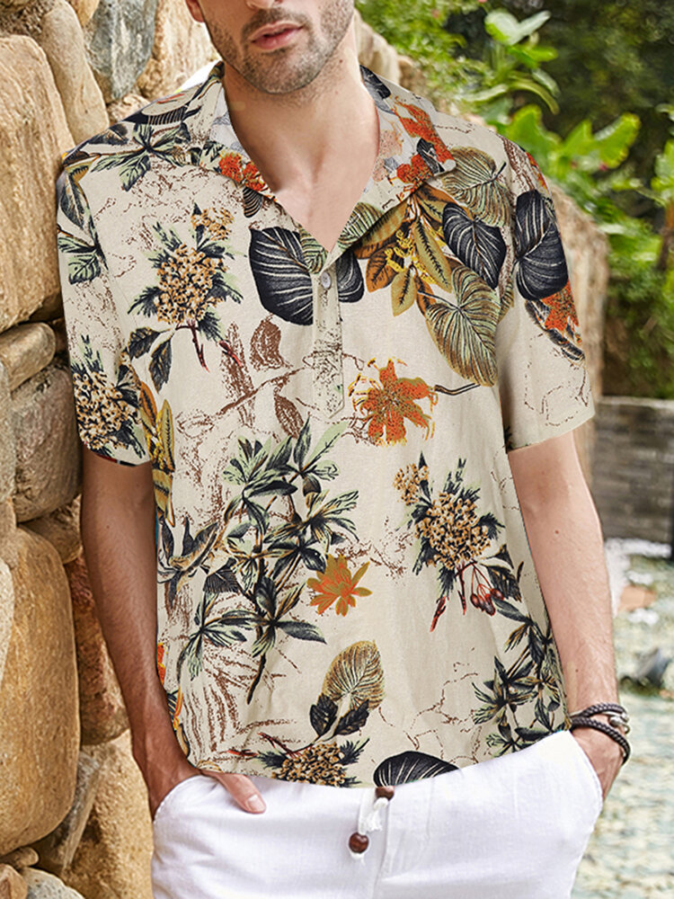 Camisas masculinas manga curta estampa floral Praia