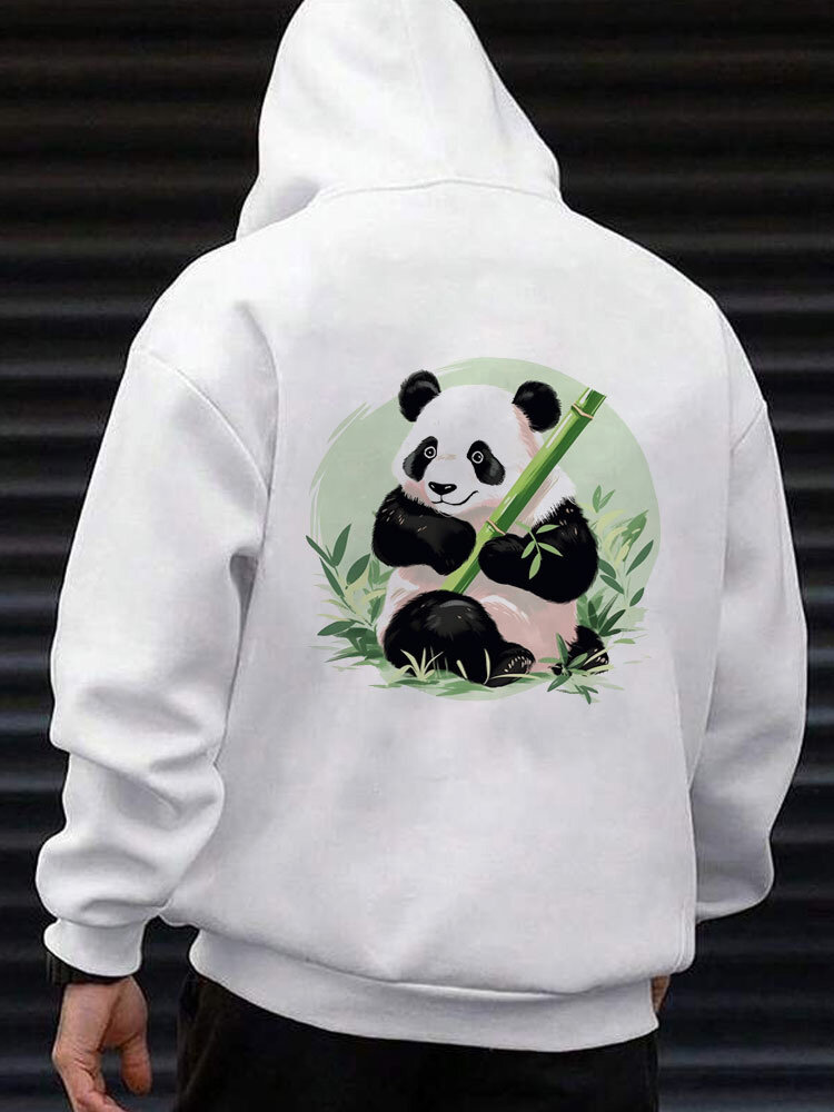 

Mens Panda Bamboo Back Print Long Sleeve Loose Hoodies Winter, White