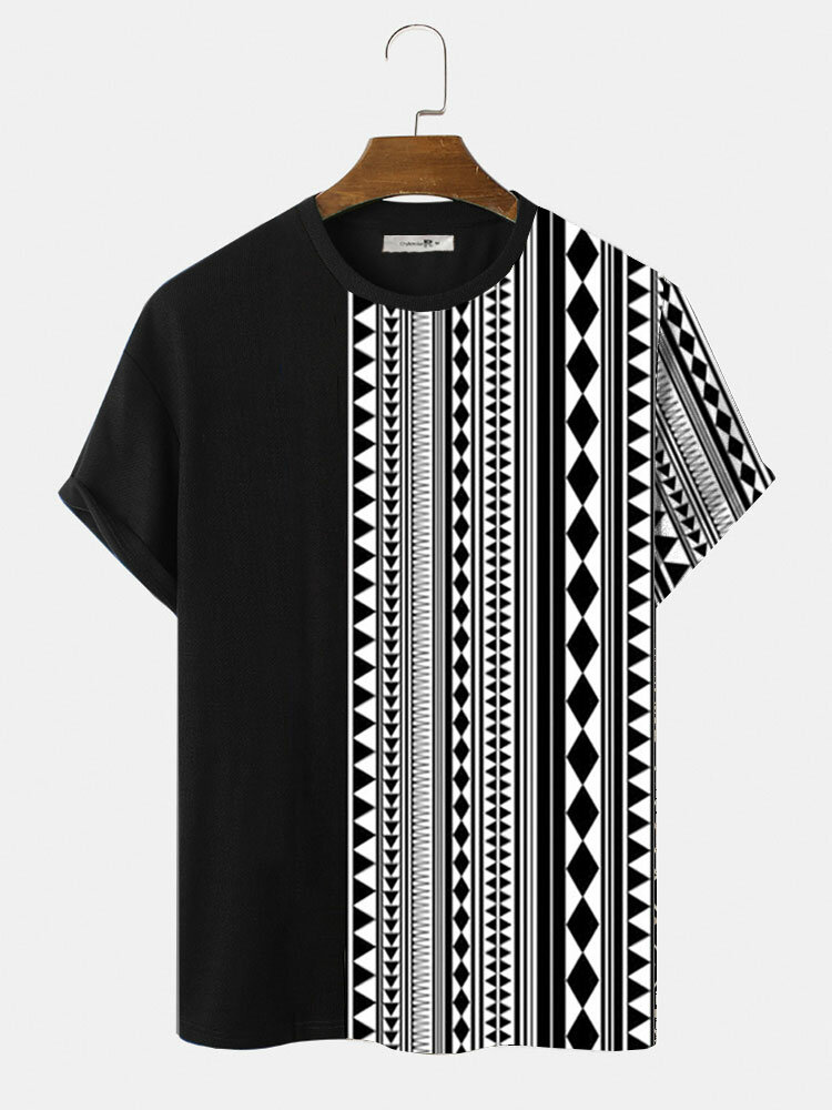 Camisetas masculinas vintage com estampa geométrica patchwork de malha de manga curta