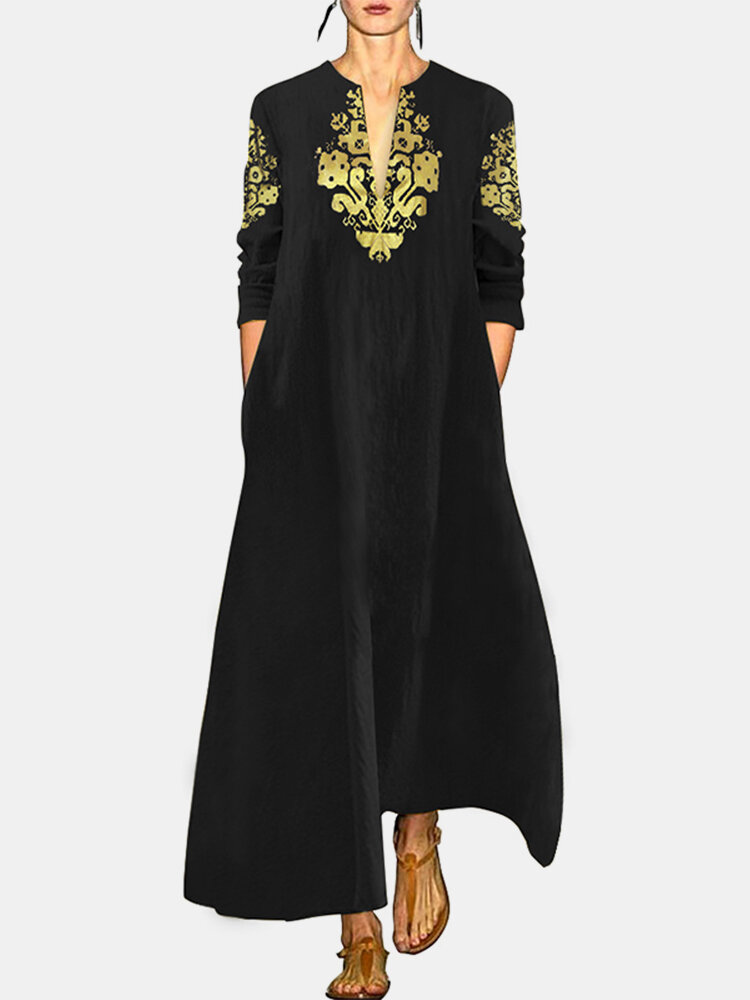 V Neck Casual Ethnic Printed Long Loose Pullover Maxi Dress