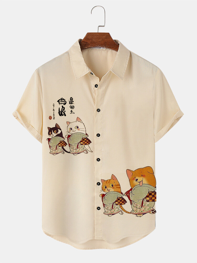 Mens Japanese Cartoon Cat Print Lapel Short Sleeve Shirts