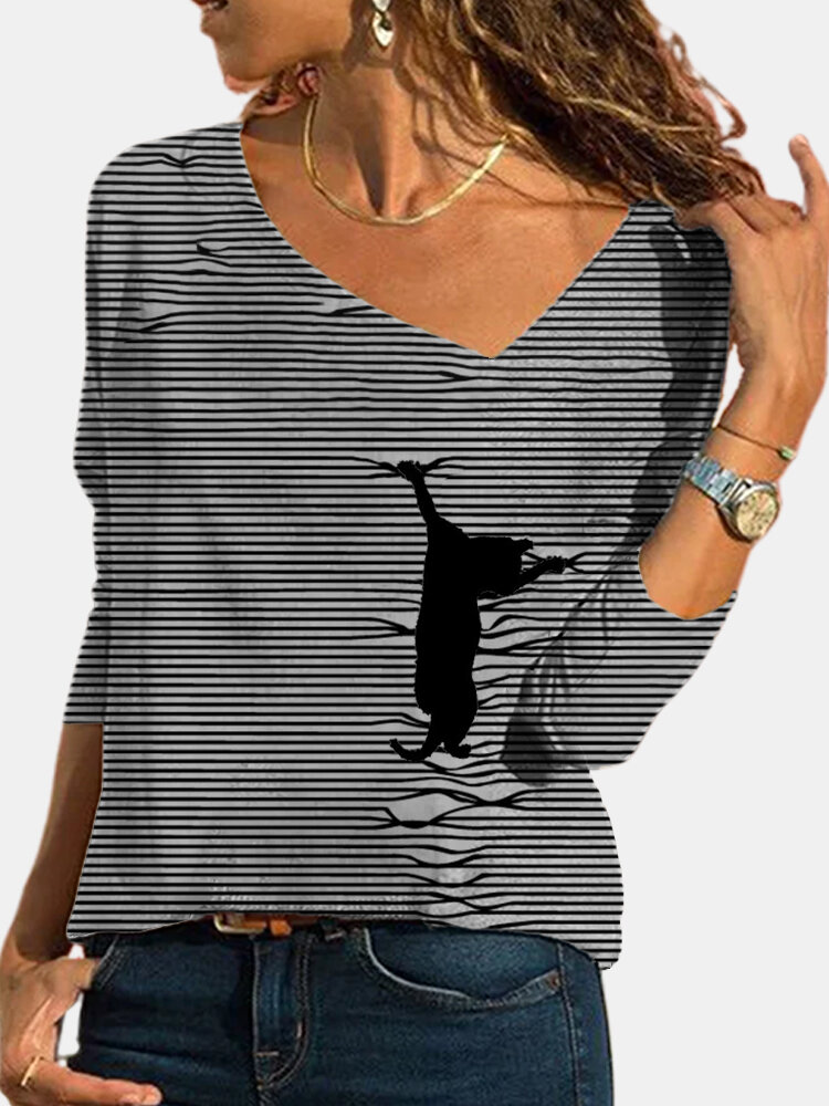Stripe Cat Print Long Sleeve V-neck Casual Blouse For Women