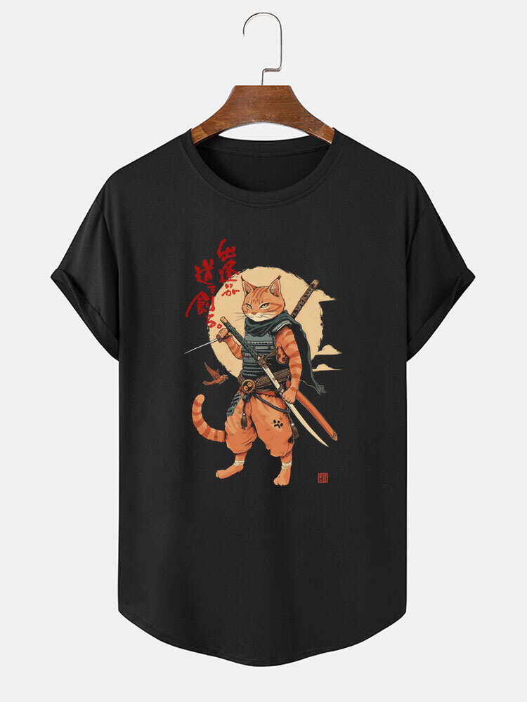 

Mens Japanese Warrior Cat Print Curved Hem Short Sleeve T-Shirts Winter, Black