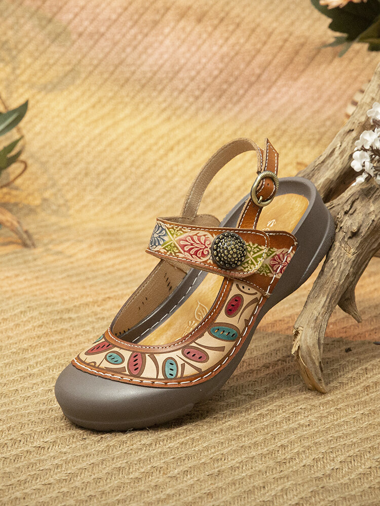 Socofy Ethnic Print Hook Loop Comfy Genuine Leather Flat Round Toe Sandals