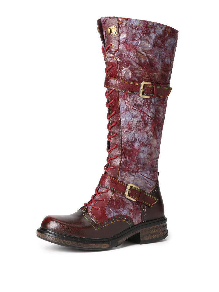 Socofy Retro Leather Side Zipper Buckle Embossing Floral Pattern Knee High Boots