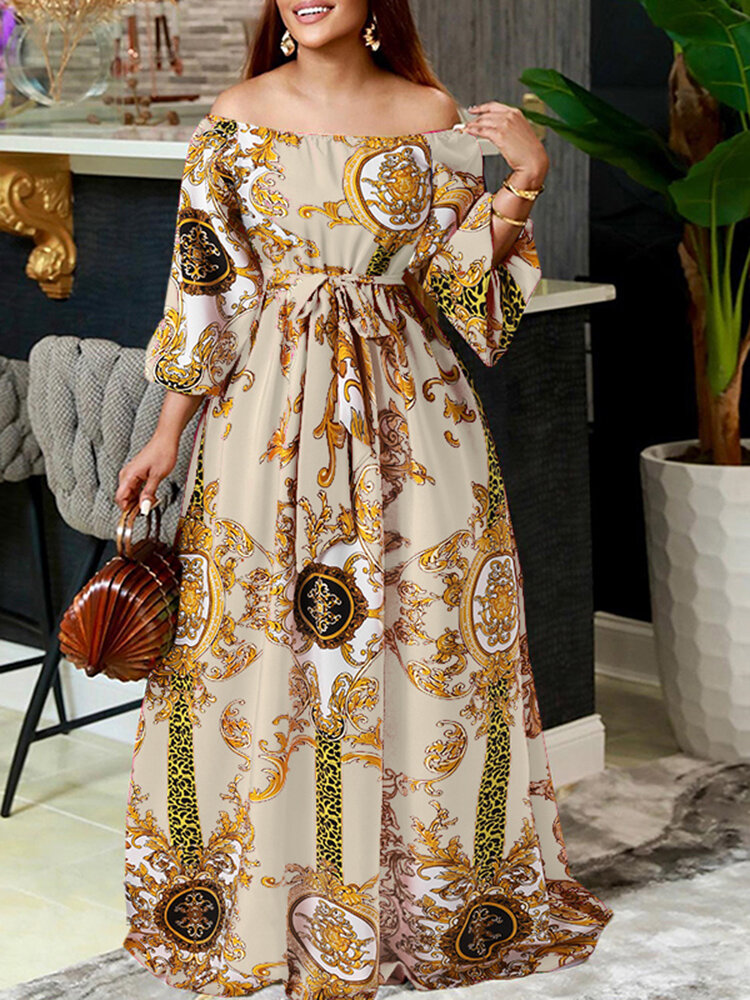 Plus Size Women Vintage Baroque Print Off Shoulder Maxi Dress