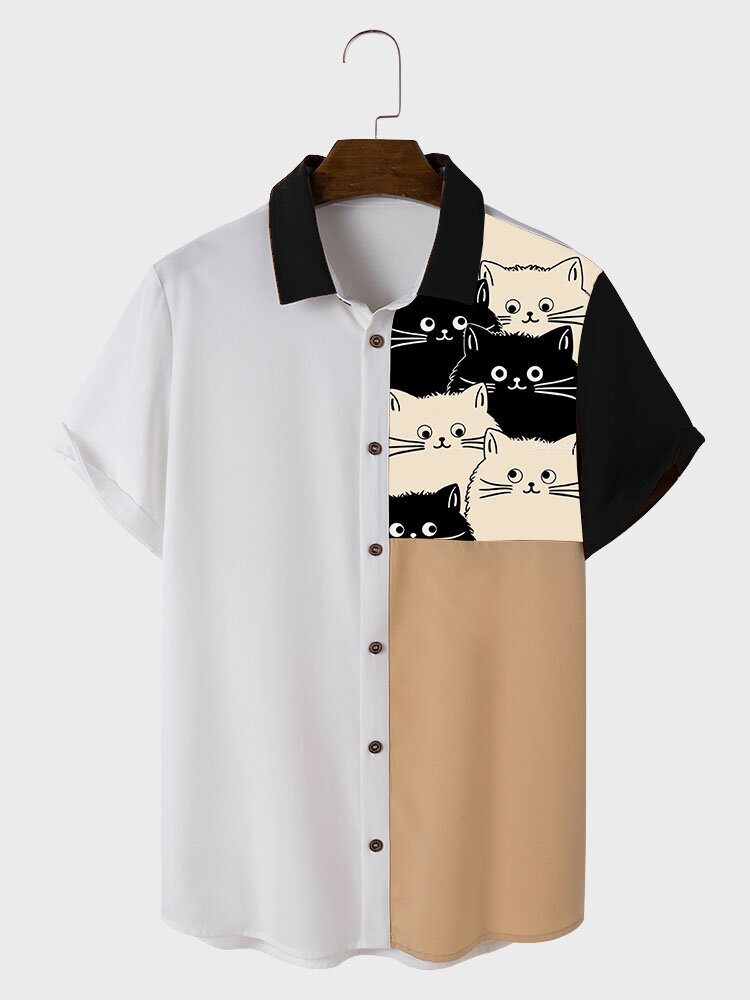 Mens Cartoon Cat Print Patchwork Button Up Short Sleeve Shirts
