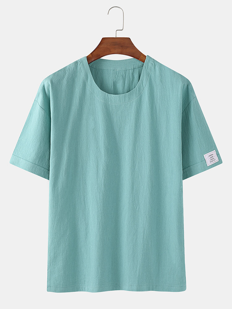 Men Cotton Linen 8 Colors Solid Round Neck Loose Short Sleeve Casual T-Shirt