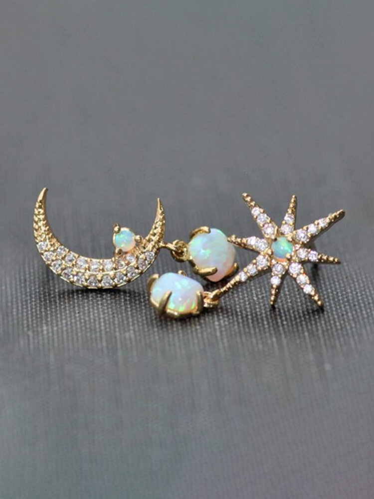 

Trendy Moon Star Shape Inlaid Opal Asymmetric Alloy Studs Earrings