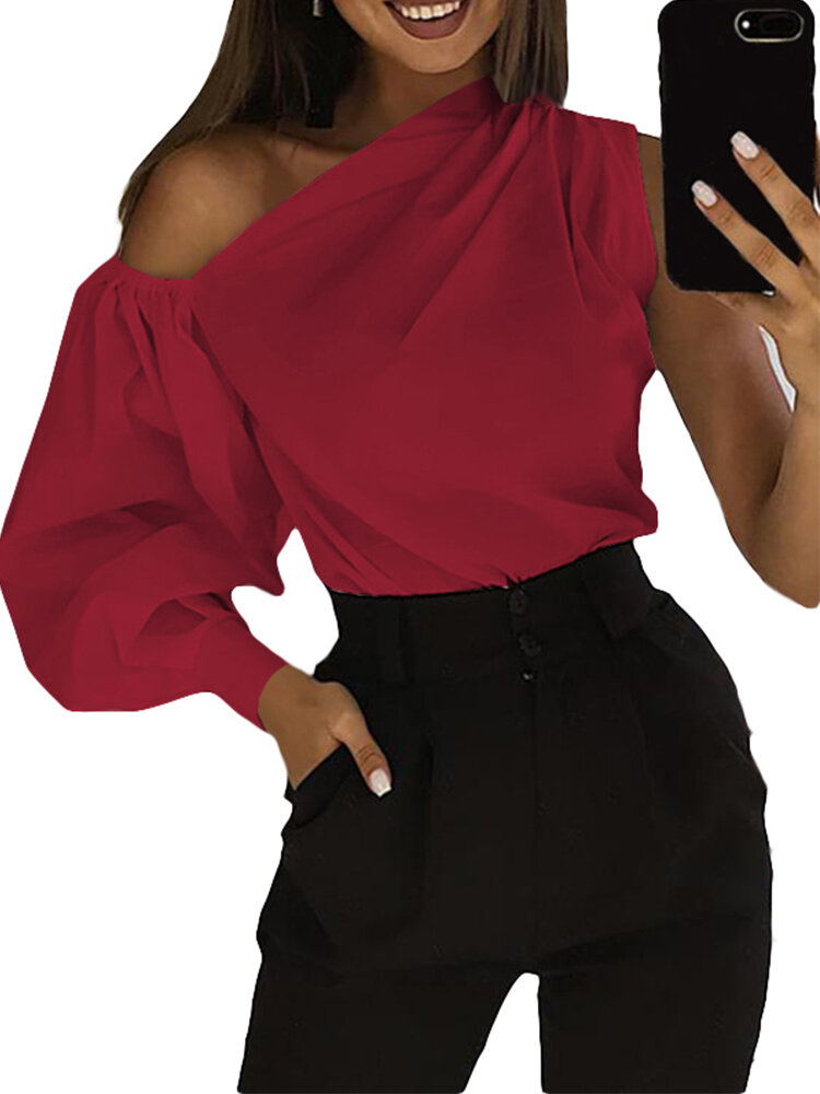 Sexy Puff Sleeve Solid Color One Shoulder Loose Blouse