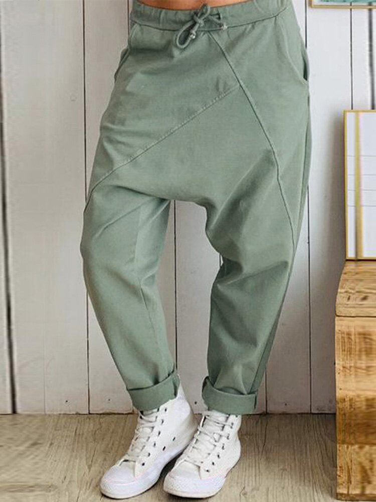 

Casual Drop-crotch Stitching Drawstring Plus Size Harem Pants, Black;army;grey