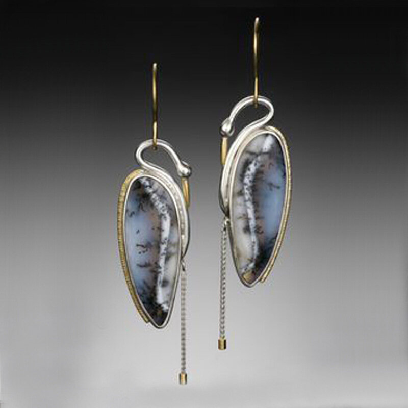 

Vintage Hibiscus Stone Little Swan Earrings 925 Silver Plated 14K Gold Plated Tassel Pendant Earrings