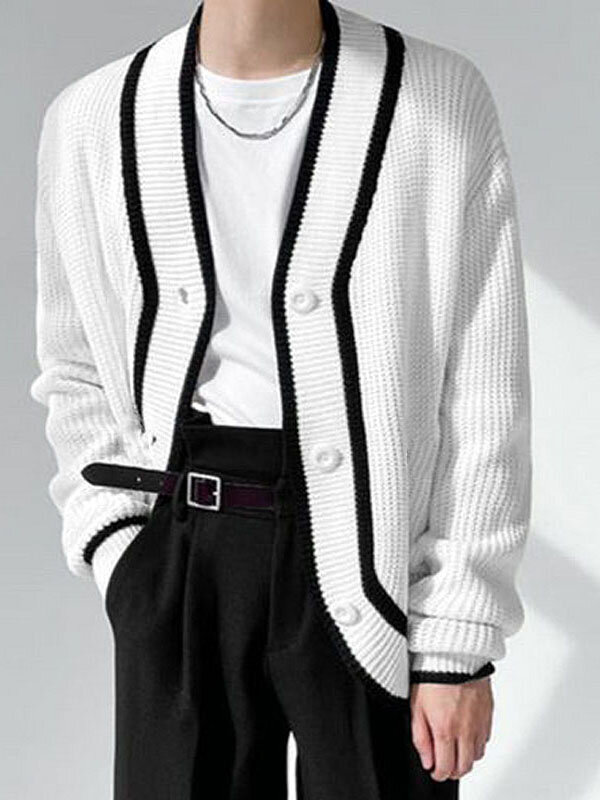 

Mens Contrast Button Front Casual Knit Cardigan, White