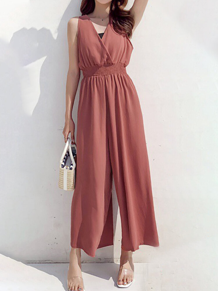Backless Solid Color Sleeveless Casual Jumpsuit For Women
