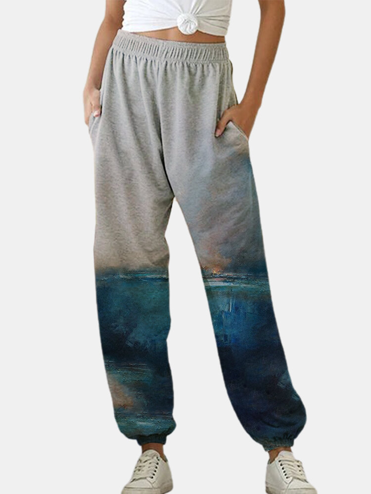 Casual Landscape Print Elastic Waist Pocket Pants For Women