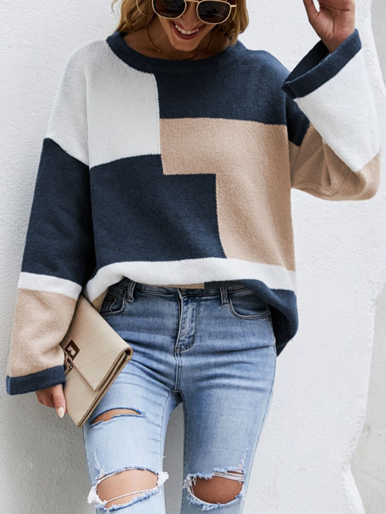 Contrast Color Long Sleeve Knit O-neck Sweater