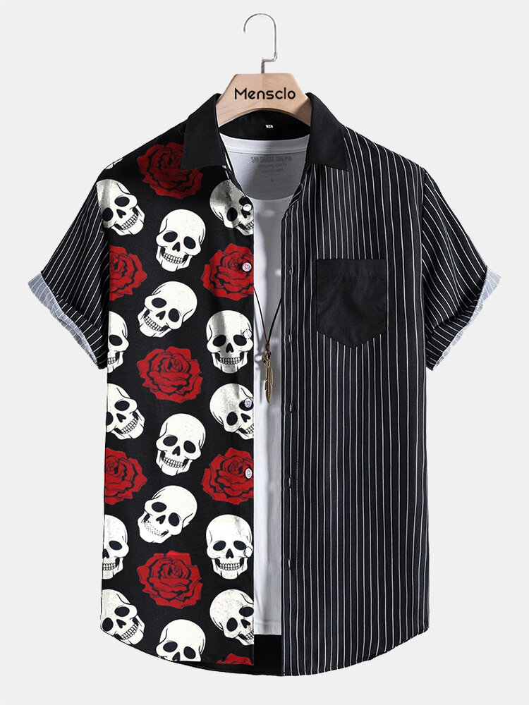 

Mens Rose Skull Print Pinstripe Patchwork Short Sleeve Shirts, Black
