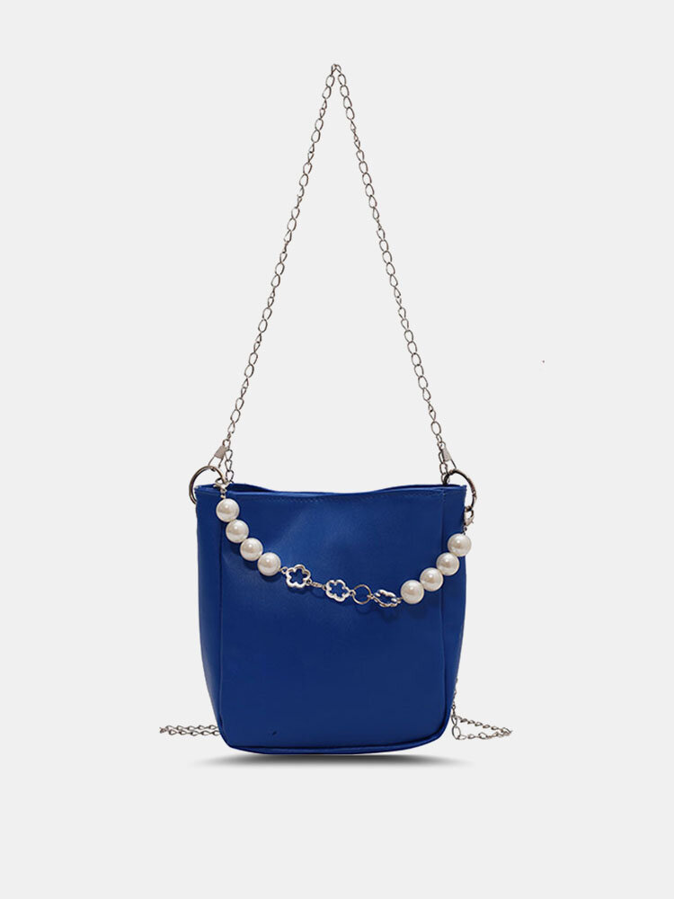 Women Vintage Faux Leather Pearl Decoration Chain Crossbody Bag Handbag