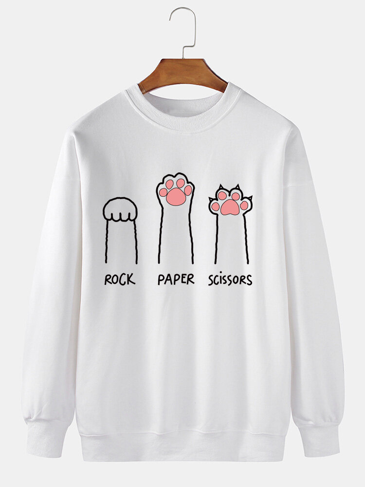 Mens Cartoon Cat Claw Letter Print Crew Neck Pullover Sweatshirts