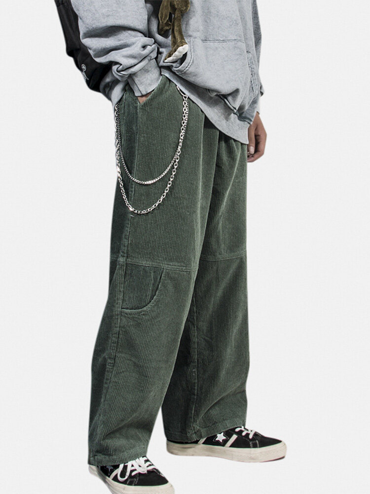 Mens Solid Color Corduroy Loose Casual Drawstring Straight Pants With Multi Pockets