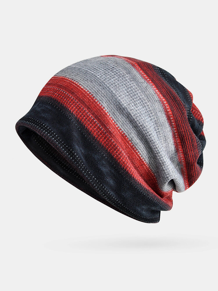 Women Striped Dual-use Plus Velvet Warm Thick Outdoor Casual Personality Brimless Beanie Scarf
