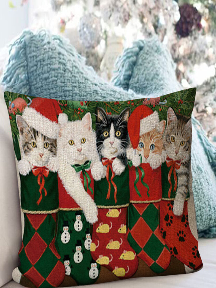 1 PC Linen Christmas Cat Decoration In Bedroom Living Room Sofa Cushion Cover Throw Pillow Cover Pillowcase