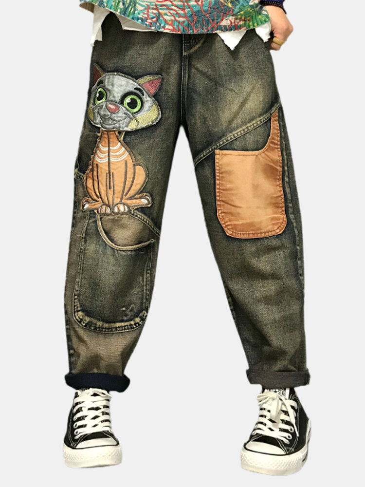 

Cat Embroidery Patchwork High Waist Loose Denim Harem Jeans, As picture