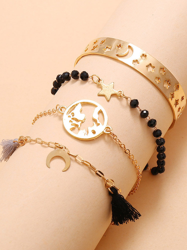 

4Pcs Handmade Beaded Bracelet Set Hollow Star Moon Map Tassel Chain Bracelet Bangle, Gold