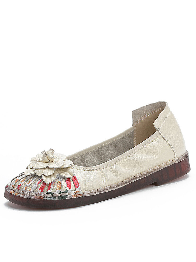 Socofy Genuine Leather Hand Stitched Breathable Casual Flats