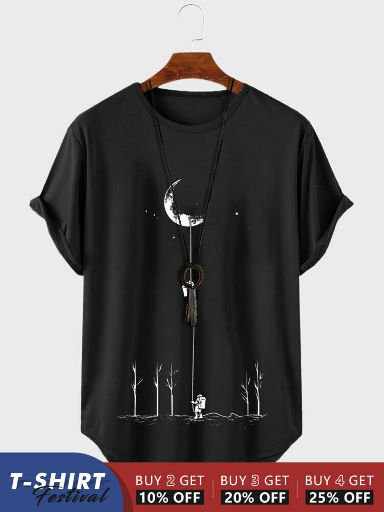 Camisetas de manga corta con dobladillo curvo y estampado de luna de astronauta para hombre