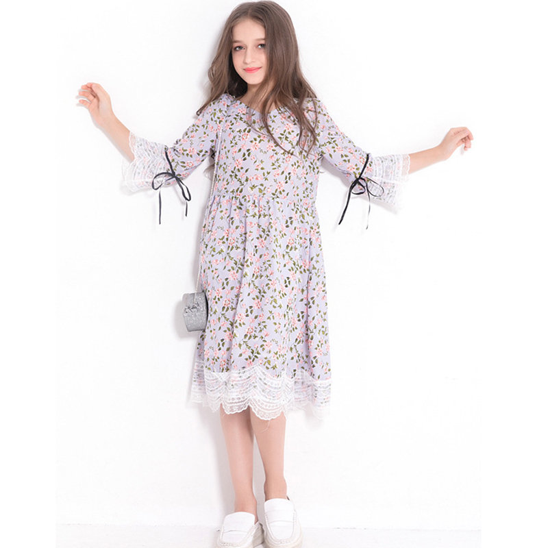 Floral Girls V-Neck Flare Sleeve Lace Patch Dress For 6Y-15Y