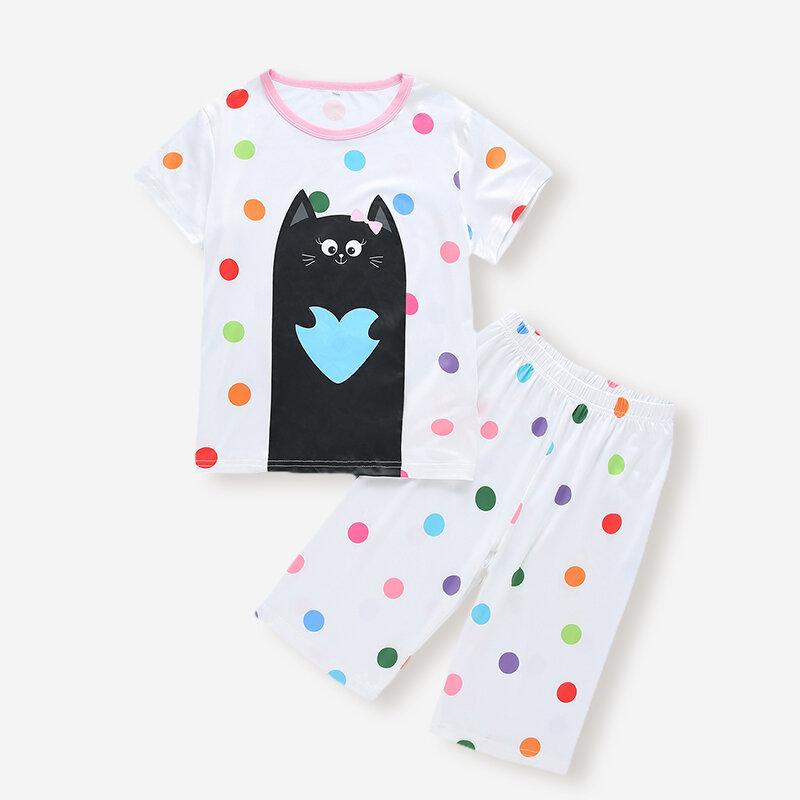 

Girl's Cartoon Dot Print Short Sleeves Casual Pajama Set For 6-12Y, White