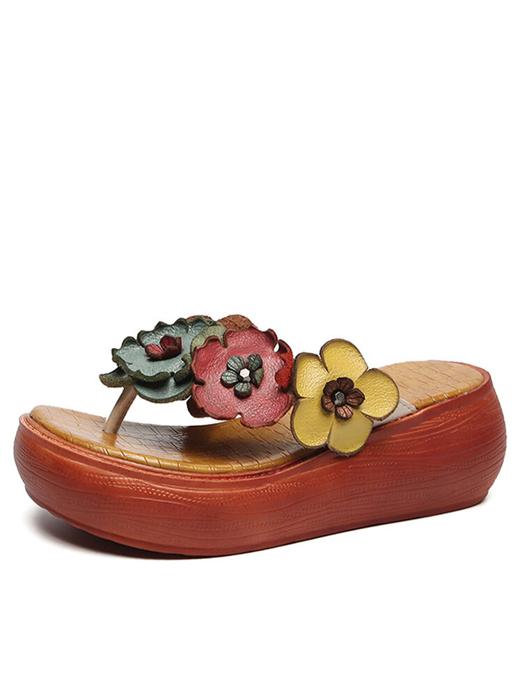 Socofy Genuine Leather Comfy Summer Vacation Bohemian Ethnic Floral Decor Platform Flip-Flop Sandals