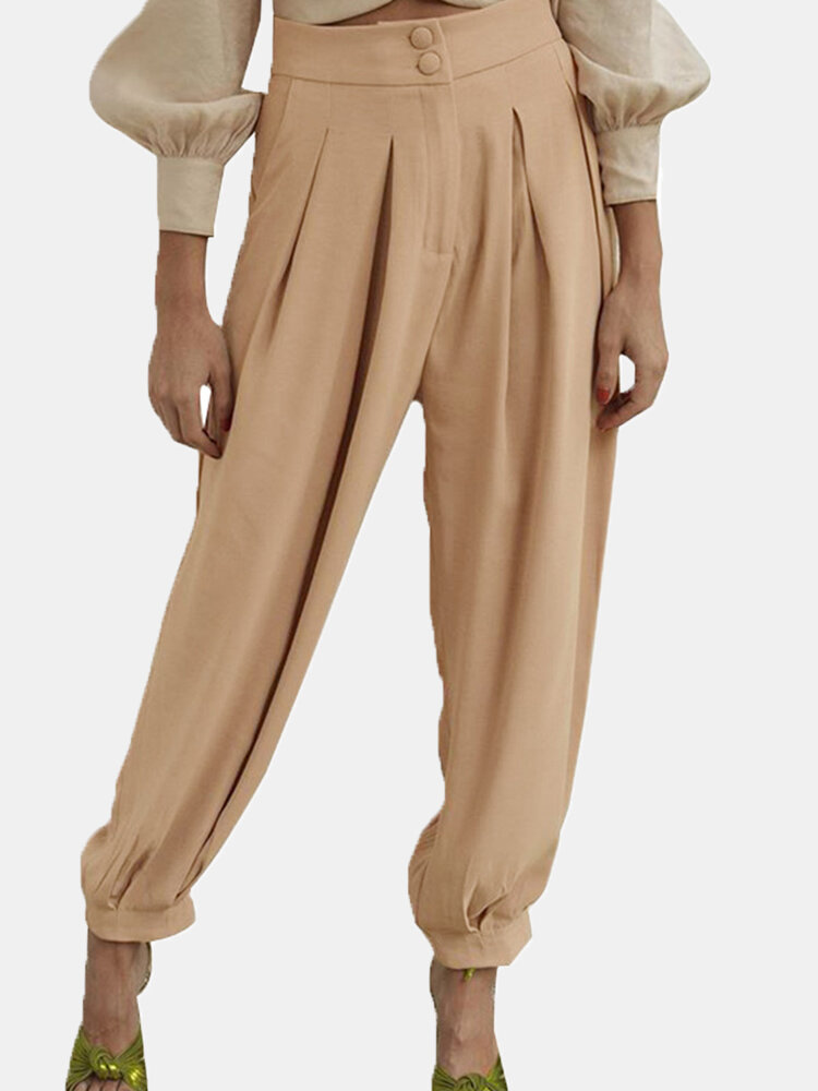 Solid Color Elastic High Waist Button Casual Pants For Women