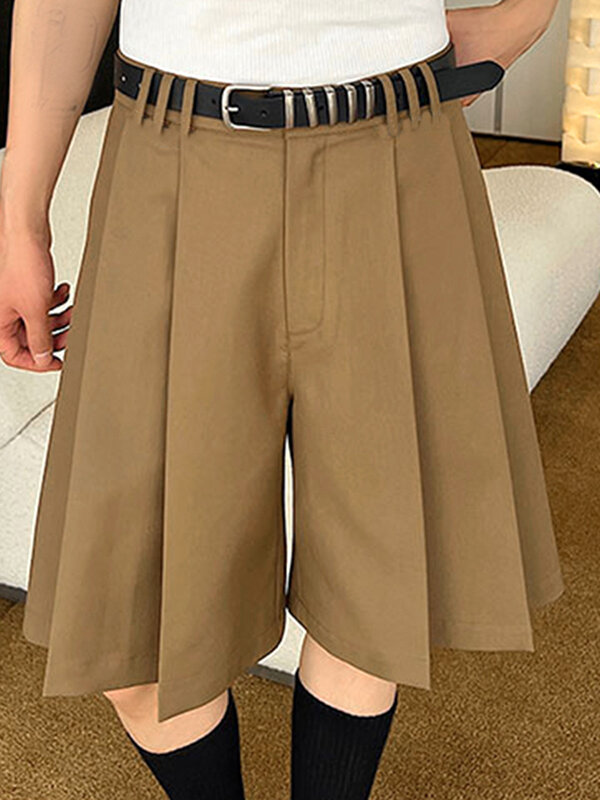 Mens Solid Pleated Mid Length Casual Shorts