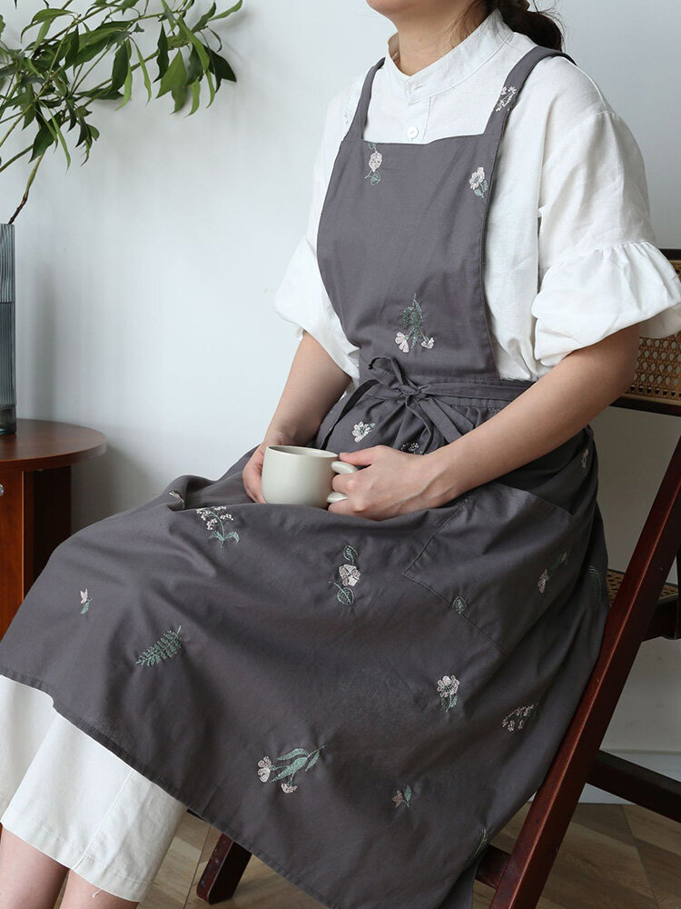1 Pc Embroidered Solid Color Anti-fouling Waterproof Apron Household Work Clothes Pocket Apron