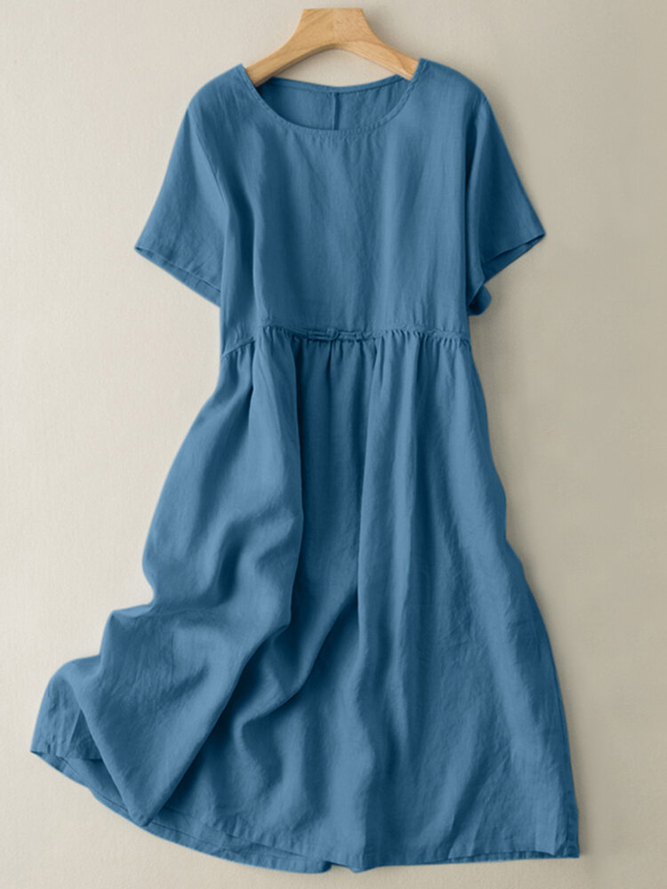 ZANZEA Solid Ruched Round Neck Short Sleeve Casual Cotton Midi Dress